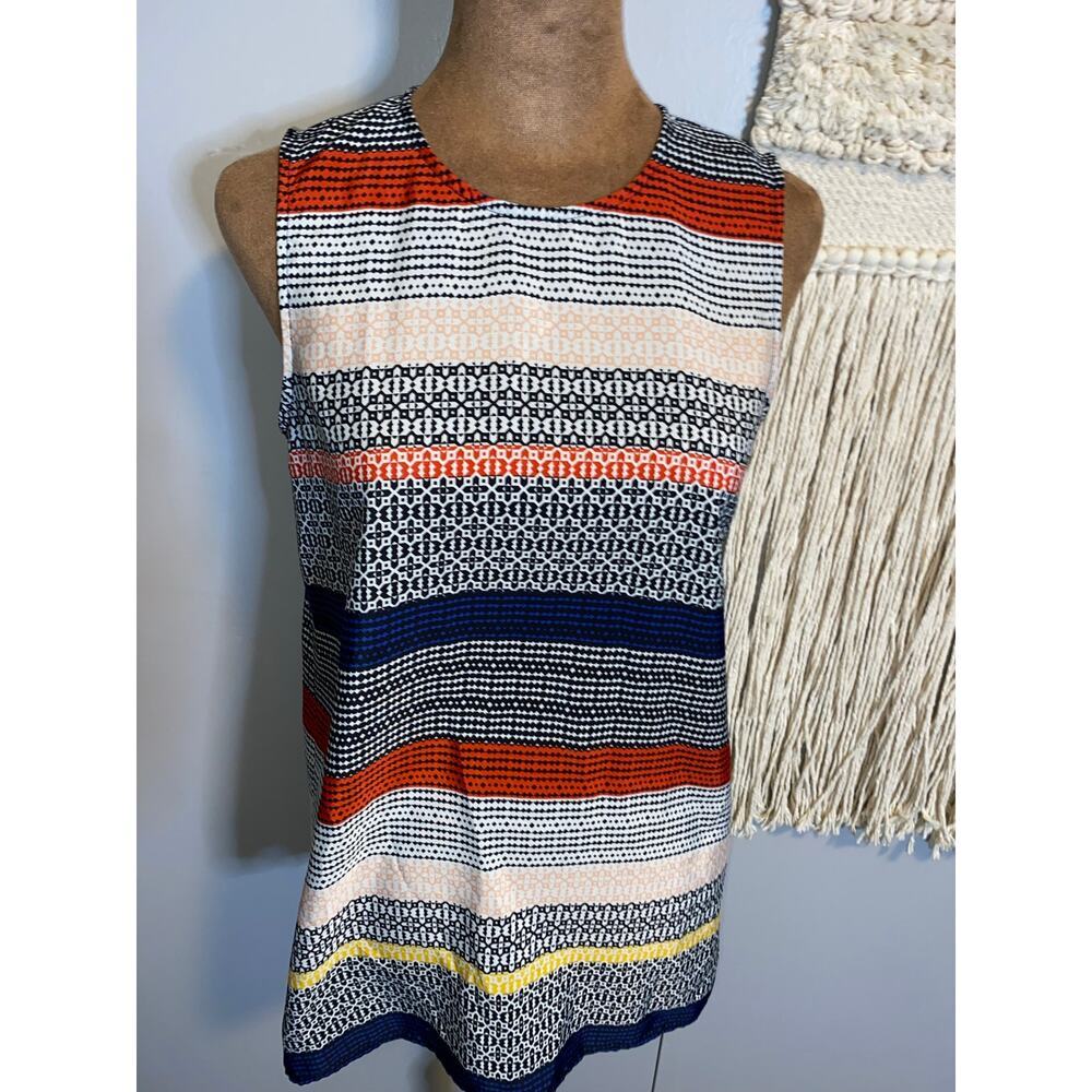 Vince Camuto Womens XS Sleeveless Multicolor Geometric Stripe Blouse Split Hem - Picture 4 of 9